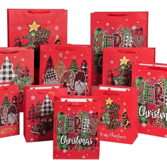 Christmas Gift Bags Set of 10 Assorted Red Gnomes Trees Patterns Cheetah - Picture 1 of 2